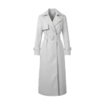 Women's Light Grey Leather Trench Coat with Belt Front