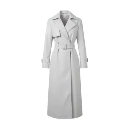 Women's Light Grey Leather Trench Coat with Belt Front