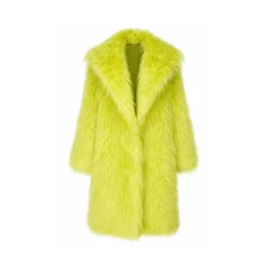 Women's Long Lime Green Faux Fur Shaggy Coat Front