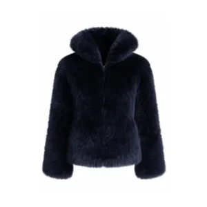 Women's Navy Blue Faux Fur Shaggy Jacket Front