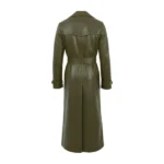 Women's Olive Green Leather Double Breasted Trench Coat Back