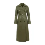 Women's Olive Green Leather Double Breasted Trench Coat Front