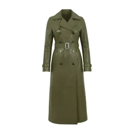 Women's Olive Green Leather Double Breasted Trench Coat Front