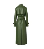 Women's Olive Green Leather Trench Coat with Belt Back