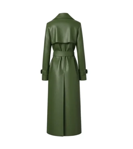 Women's Olive Green Leather Trench Coat with Belt Back