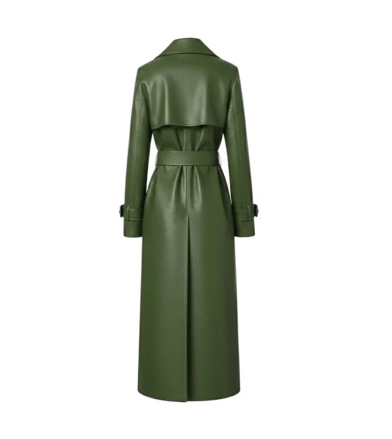 Women's Olive Green Leather Trench Coat with Belt Back