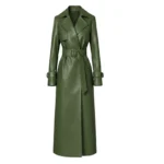 Women's Olive Green Leather Trench Coat with Belt Front