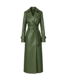 Women's Olive Green Leather Trench Coat with Belt Front