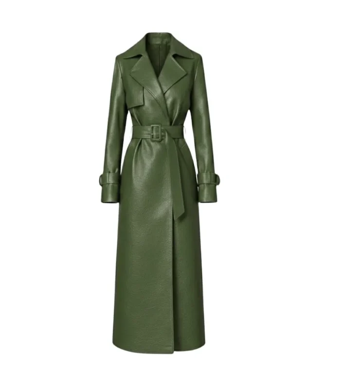 Women's Olive Green Leather Trench Coat with Belt Front