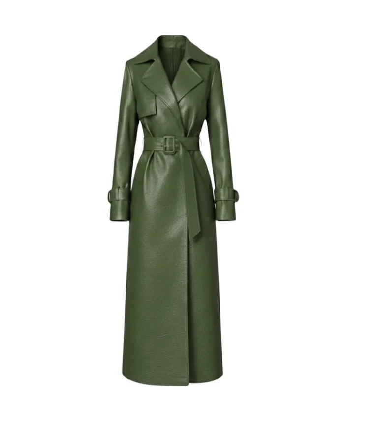 Women's Olive Green Leather Trench Coat with Belt Front