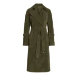 Women's Olive Green Suede Double Breasted Trench Coat Front