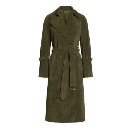 Women's Olive Green Suede Double Breasted Trench Coat Front