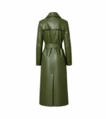 Women's Olive Green Wrap Leather Trench Coat Back