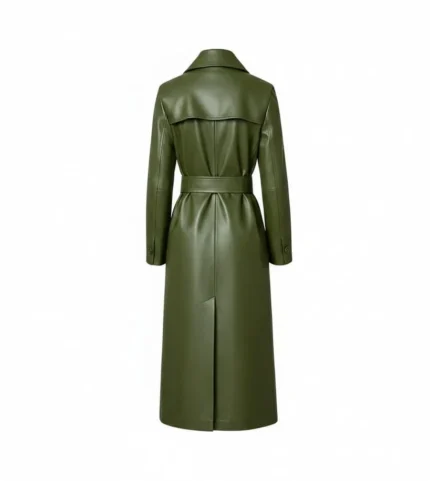 Women's Olive Green Wrap Leather Trench Coat Back