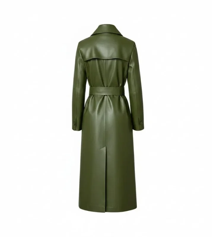 Women's Olive Green Wrap Leather Trench Coat Back