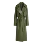 Women's Olive Green Wrap Leather Trench Coat Front