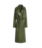 Women's Olive Green Wrap Leather Trench Coat Front