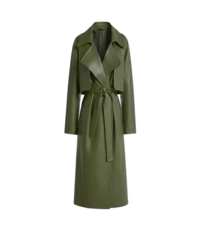 Women's Olive Green Wrap Leather Trench Coat Front