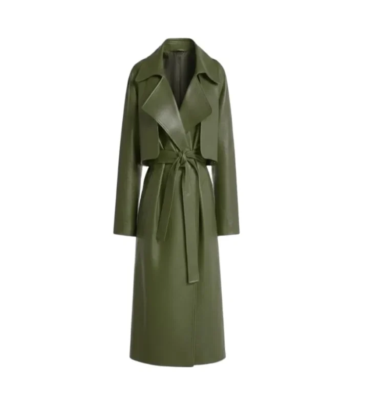 Women's Olive Green Wrap Leather Trench Coat Front