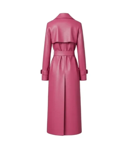 Women's Pink Leather Belted Trench Coat Back