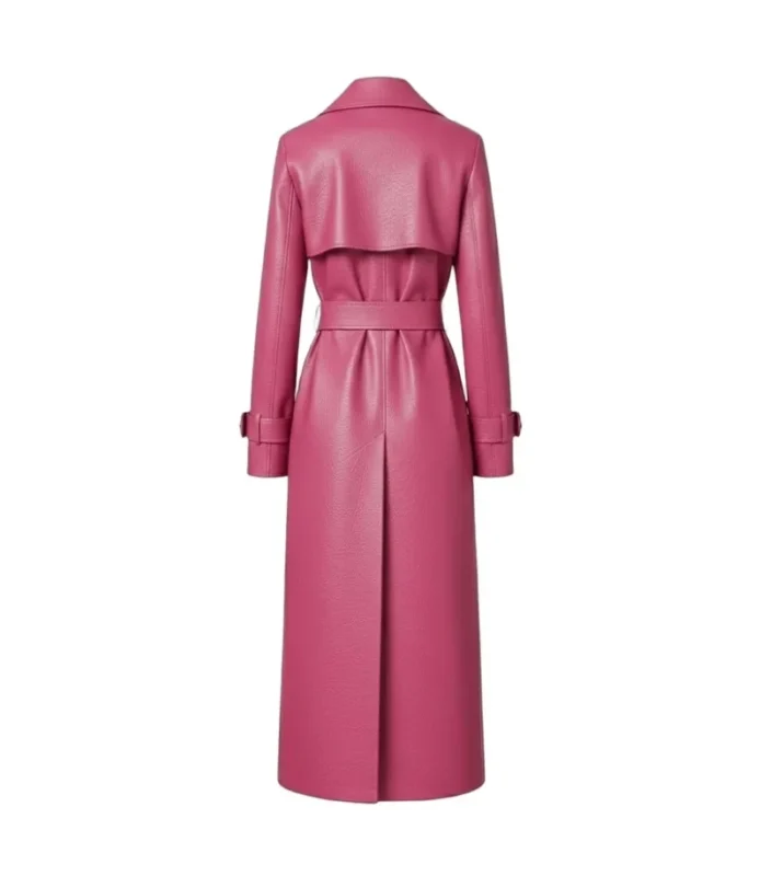 Women's Pink Leather Belted Trench Coat Back