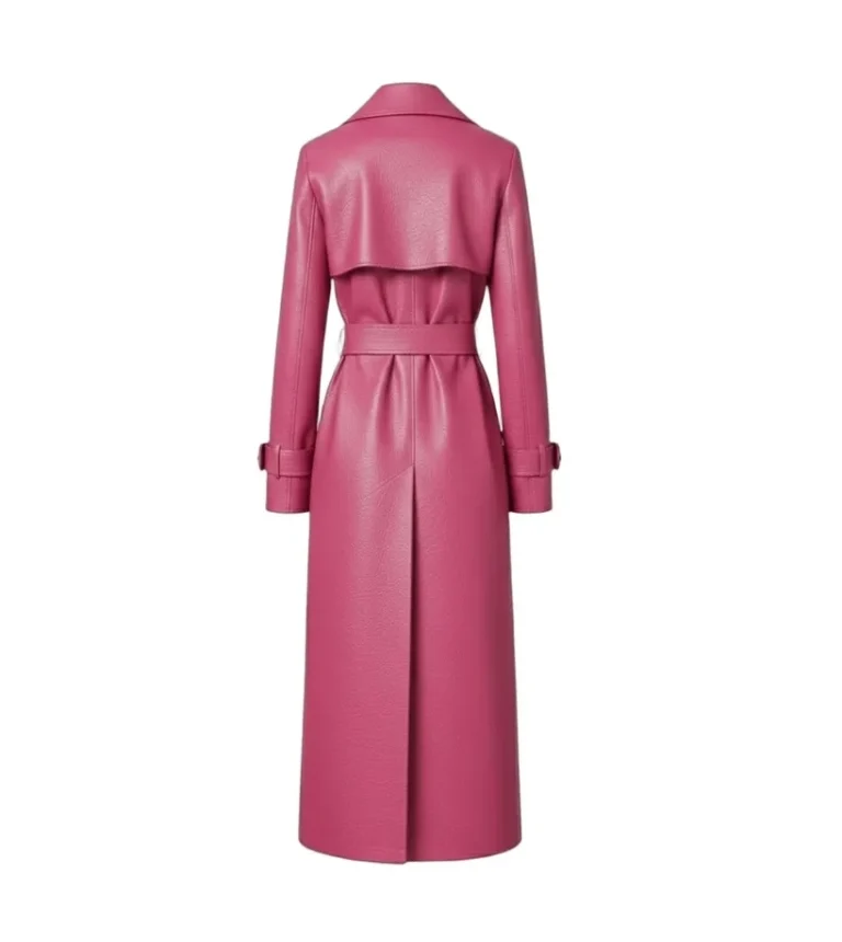 Women's Pink Leather Belted Trench Coat Back