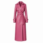 Women's Pink Leather Trench Coat with Belt