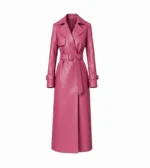 Women's Pink Leather Belted Trench Coat Front