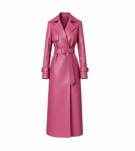Women's Pink Leather Belted Trench Coat Front