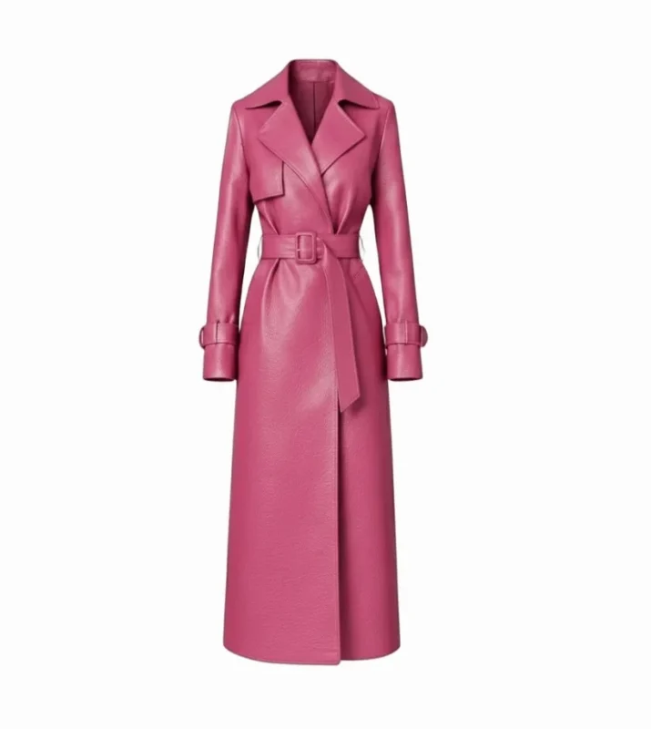 Women's Pink Leather Belted Trench Coat Front