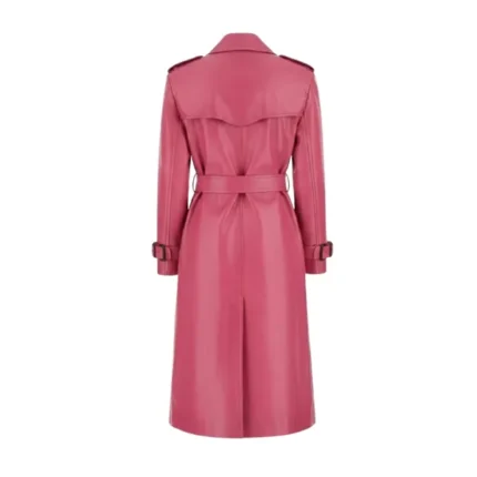 Women's Pink Leather Double Breasted Trench Coat Back