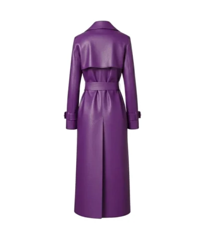 Women's Purple Leather Belted Trench Coat Back