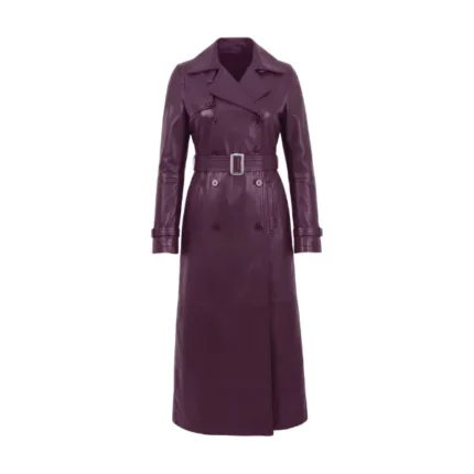 Women's Purple Leather Double Breasted Trench Coat Front