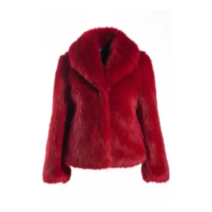 Women's Red Faux Fur Shaggy Jacket Front