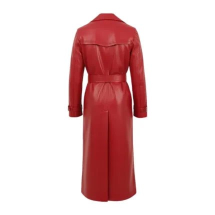 Women's Red Leather Double Breasted Trench Coat Back