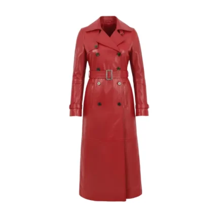 Women's Red Leather Double Breasted Trench Coat Front
