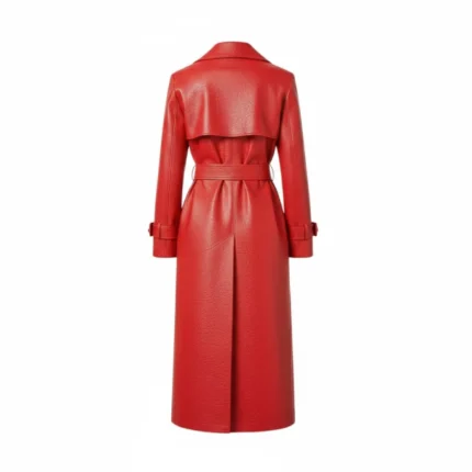 Women's Red Leather Trench Coat with Belt Back