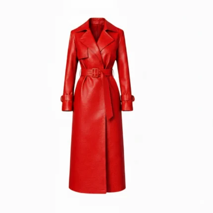 Women's Red Leather Trench Coat with Belt Front