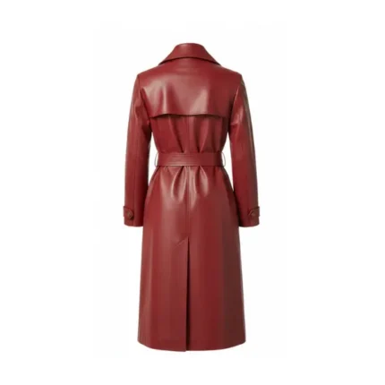 Women's Red Leather Wrap Trench Coat Back