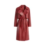Women's Red Leather Wrap Trench Coat Front