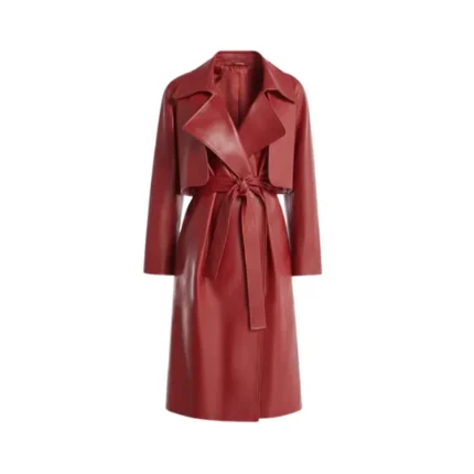 Women's Red Leather Wrap Trench Coat Front