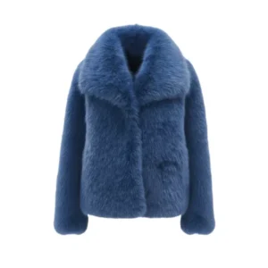 Women's Sky Blue Faux Fur Shaggy Jacket Front