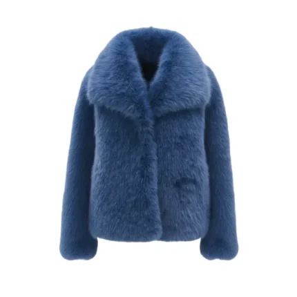 Women's Sky Blue Faux Fur Shaggy Jacket Front
