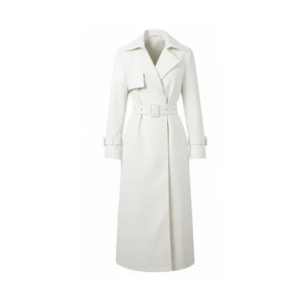 Women's White Leather Trench Coat with Belt Front