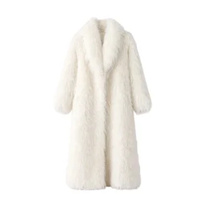 Women's White Long Faux Fur Shaggy Coat Front