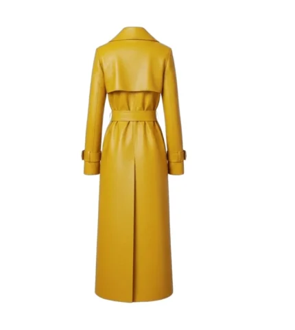 Women's Yellow Leather Trench Coat with Belt Back