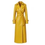 Women's Yellow Leather Trench Coat with Belt Front