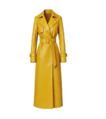 Women's Yellow Leather Trench Coat with Belt Front