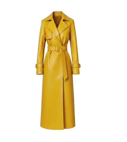 Women's Yellow Leather Trench Coat with Belt Front
