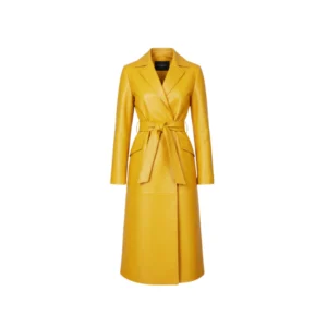 Women's Yellow Leather Wrap Trench Coat Front